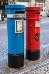 Blue and Red Post boxes on the streets of Castelo Branco Portugal