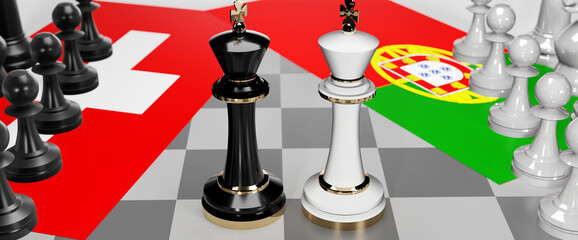 Switzerland and Portugal - talks, debate, dialog or a confrontation between those two countries shown as two chess kings with flags that symbolize art of meetings and negotiations, 3d illustration