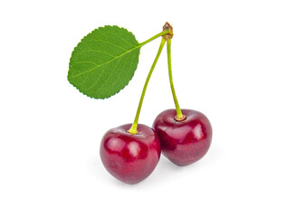 Two delicious cherries on a white
