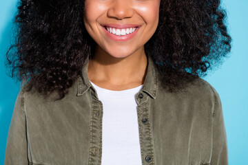 Cropped photo of youth cheerful african girl toothy smile clinic dentist cavity protect isolated...