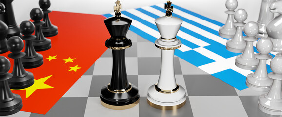 China and Greece - talks, debate, dialog or a confrontation between those two countries shown as two chess kings with flags that symbolize art of meetings and negotiations, 3d illustration