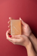 Feminine hands showing soap on copy space