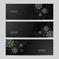 Christmas black white gold background with snow. Christmas card with snowflake border vector illustration.