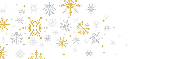 White gold Christmas banner with snowflakes. Merry Christmas and Happy New Year greeting banner. Horizontal new year background, headers, posters, cards, website. Vector illustration