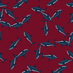 Seamless pattern shark on red background. Texture of marine fish for any purpose.