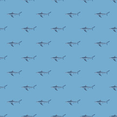 Seamless pattern Blue shark on pastel blue background. Texture of marine fish for any purpose.