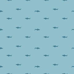 Seamless pattern Tiger shark pastel blue background. Gray textured of marine fish for any purpose.