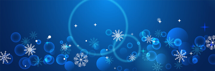 Fototapeta na wymiar Blue Christmas banner with snowflakes. Merry Christmas and Happy New Year greeting banner. Horizontal new year background, headers, posters, cards, website. Vector illustration