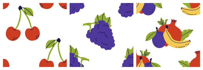 Cherry, grape and garnet. Banana, plum and pomegranate. Exotic fruits and berries seamless pattern bundle. Color illustration collection in hand-drawn style. Vector repeat background set