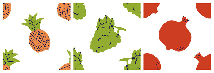 Pineapple, garnet, grape and pomegranate. Exotic fruit seamless pattern bundle. Color illustration collection in hand-drawn style. Vector repeat background set