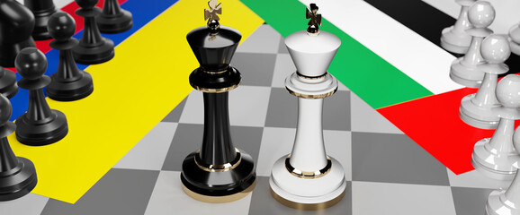 Colombia and United Arab Emirates - talks, debate or dialog between those two countries shown as two chess kings with national flags that symbolize subtle art of diplomacy, 3d illustration