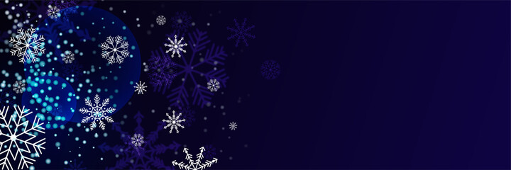 Blue Christmas banner with snowflakes. Merry Christmas and Happy New Year greeting banner. Horizontal new year background, headers, posters, cards, website. Vector illustration