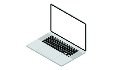 Realistic perspective isometric view modern pro laptop computer with keyboard isolated mock up on white background. Computer notebook with empty screen template. Smart device digital equipment cutout.