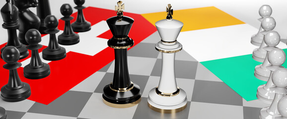 Switzerland and Ireland - talks, debate, dialog or a confrontation between those two countries shown as two chess kings with flags that symbolize art of meetings and negotiations, 3d illustration