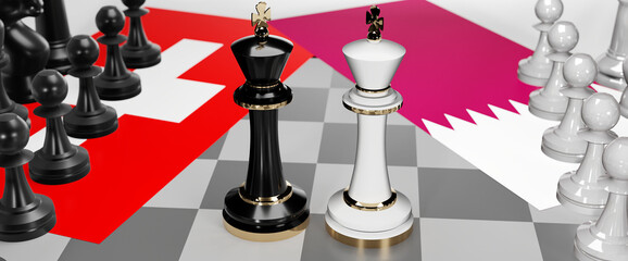 Switzerland and Qatar - talks, debate, dialog or a confrontation between those two countries shown as two chess kings with flags that symbolize art of meetings and negotiations, 3d illustration
