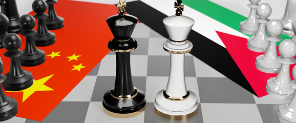China and Jordan - talks, debate, dialog or a confrontation between those two countries shown as two chess kings with flags that symbolize art of meetings and negotiations, 3d illustration
