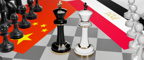 China and Egypt - talks, debate, dialog or a confrontation between those two countries shown as two chess kings with flags that symbolize art of meetings and negotiations, 3d illustration