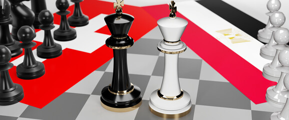 Switzerland and Egypt - talks, debate, dialog or a confrontation between those two countries shown as two chess kings with flags that symbolize art of meetings and negotiations, 3d illustration