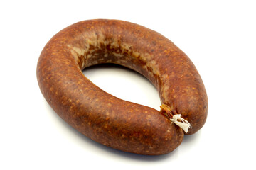 Turkish sausage on a white background. Sausage made from beef. Kangal sausage. Horizontal view. close up