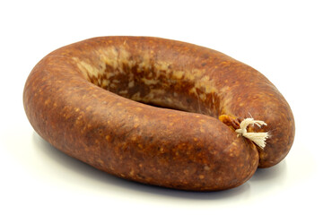 Turkish sausage on a white background. Sausage made from beef. Kangal sausage. Horizontal view. close up