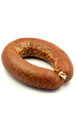 Turkish sausage on a white background. Sausage made from beef. Kangal sausage. Vertical view. close up