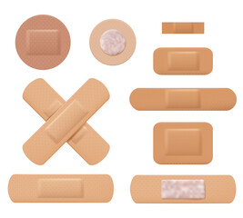 Medical plasters set isolated on transparent background. Design of medical elastic patch. Different shape element.
