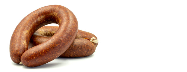Turkish sausage on a white background. Sausage made from beef. Kangal sausage. Horizontal view. Empty space for text. copy space