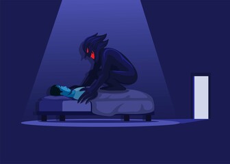 Sleep Paralysis with Demon in bed. nightmare horror scene illustration vector - obrazy, fototapety, plakaty
