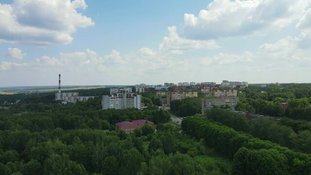 Russia, Pushchino , 07.08.2021. aerial video of the flight over the city. Pushchino is one of the scientific centers of the Russian Academy of Sciences, located on the right bank of the Oka River.