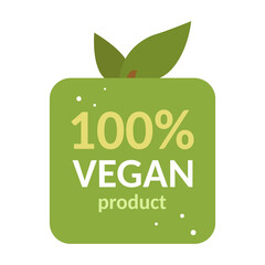 100% vegan product label. vector isolated badge. vegetarian food. product for vegan. green leaf and apple. 