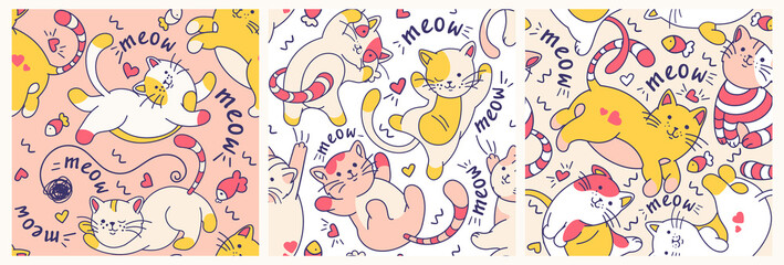 Doodle style seamless pattern with cartoon style cats. Drawing vector illustration.Used for fabric, apparel, packaging paper, digital paper, background.