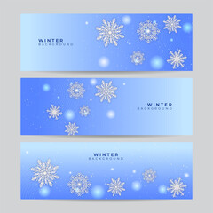 Naklejka na ściany i meble Set of Blue Christmas banner with snowflakes. Merry Christmas and Happy New Year greeting banner. Horizontal new year background, headers, posters, cards, website. Vector illustration