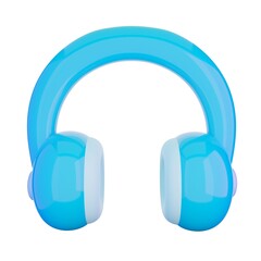 3d blue color headphones. Rendering illustration of cartoon toy earphones isolated on the white background. Plastic shiny material. Music audio object. Technology device.
