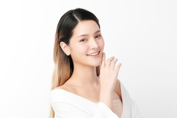 Fototapeta premium Beautiful young asian woman with clean fresh skin on white background, Face care, Facial treatment, Cosmetology, beauty and spa, Asian women portrait.