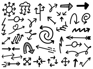 Doodle arrows icon set isolated on white. Black hand drawn arrow. Line drawing. Vector illustration