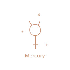 Astrological sign of the MERCURY, cute contour style. Magic card, bohemian design, tattoo, engraving, witch cover. Golden mystical hand drawing.