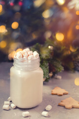 Christmas white drink eggnog with marshmallow on grey background with spruce branches, biscuits and festive bokeh