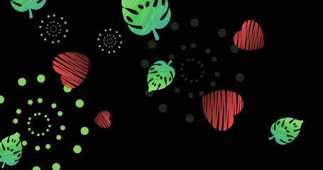 Image of green firework explosions with green leaf and red heart shapes on black background