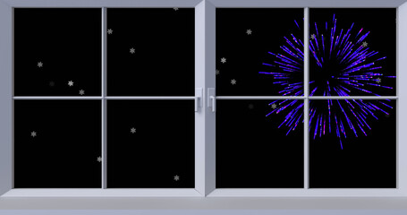 Image of window with white stars and christmas and new year fireworks exploding in night sky