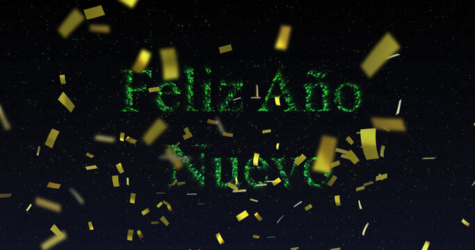Image of feliz ano nuevo text in green with new year fireworks and gold confetti in night sky