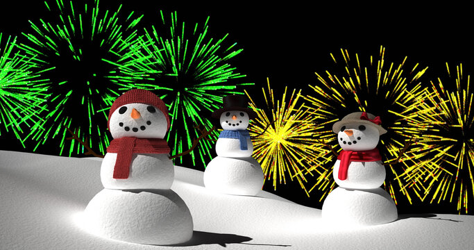 Image of snowmen with yellow and green christmas and new year fireworks exploding in night sky
