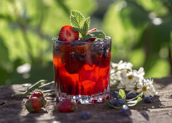 Strawberry lemonade with honeysuckle and ice.