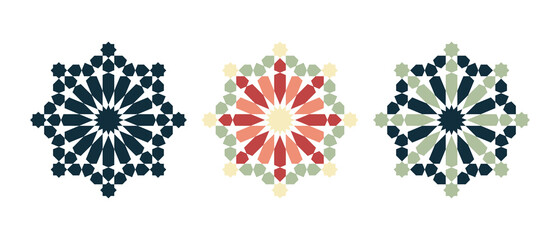 Set of Islamic traditional rosettes for greetings cards decoration and design isolated on white backgrounds. Vector illustration.
