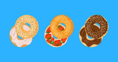 Set of Different Bagels Filled with Cream, Fish, Chocolate.