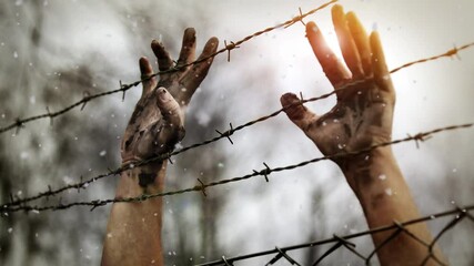 Refugee men and fence
