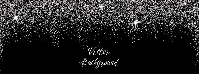 Sparkling falling silver dust on black background. Vector horizontal background with glitter and space for text