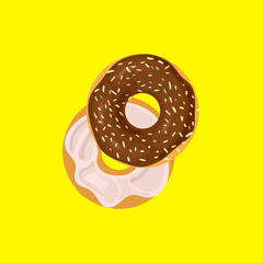 Illustration: Colorul Donut, Bright Yellow Background, Glazed Colocolate Donut with White Cream.