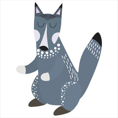 Cartoon grey wwolf. Forest animal in scandinavian style.  Children vector illustration. Hand drawn print on shirt