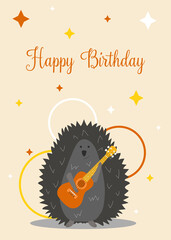 Birthday greeting card with a prickly gray hedgehog and orange guitar on a pink background. Calligraphic text and bright stars. Happy Birthday. Flat style. Vector illustration.