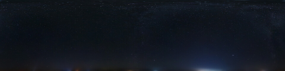 Fototapeta na wymiar night panorama of firmament with stars and milky way. Seamless panorama with zenith for use in 3d graphics or game development as sky dome or edit drone shot for sky replacement